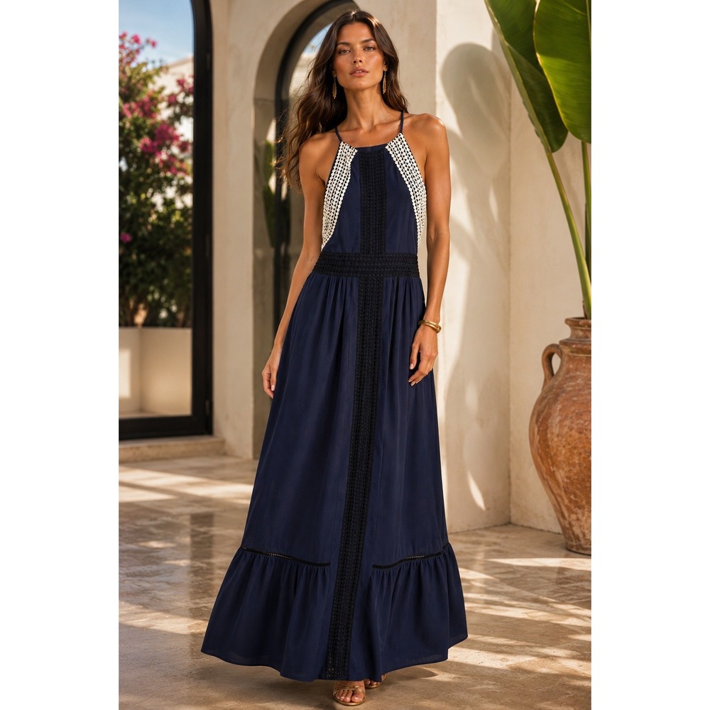 Belle Badgley Mischka Maxi Gown Dress Navy Blue Crochet Halter (MSRP: $550) 6